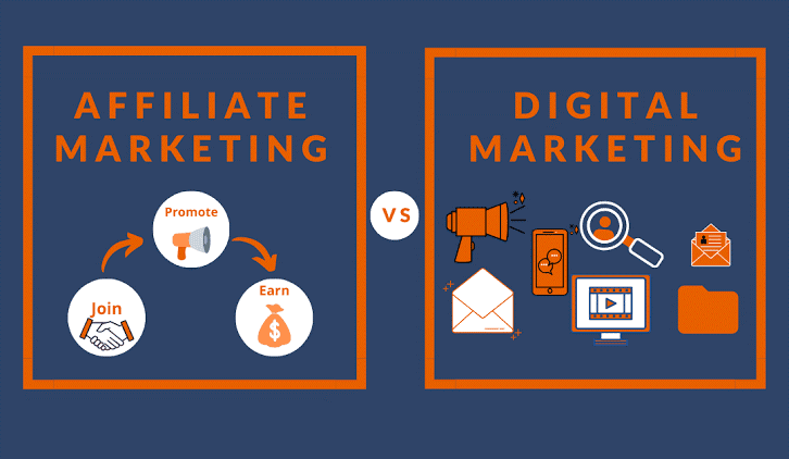 two separated boxes written Affiliate Marketing vs Digital Marketing